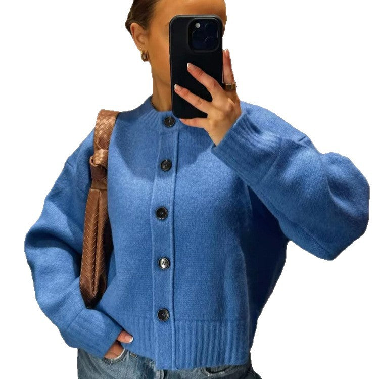 Women's Short Boxy Cardigan with Large Button Placket, Ribbed Hem & Volume Sleeves Amarae