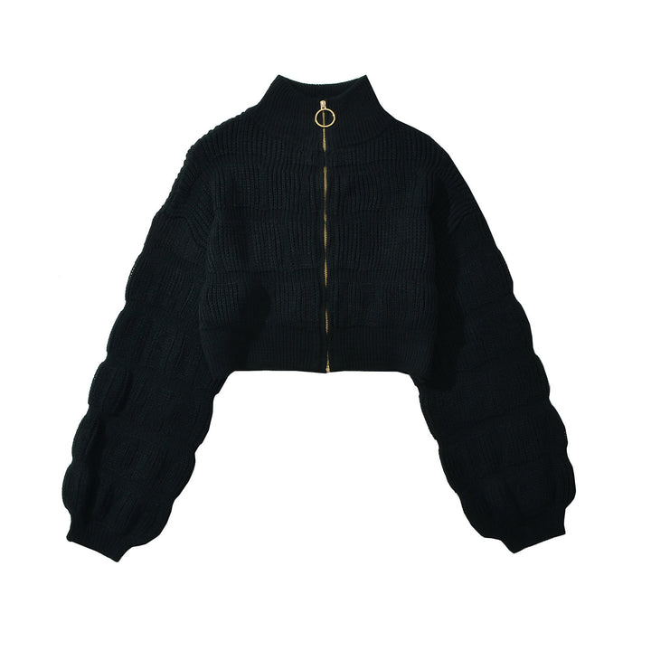 Cropped knitted jacket for ladies with decorative zipper and voluminous sleeves Lune London