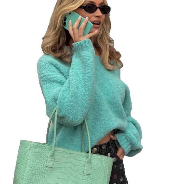 Women Cropped Off-Shoulder Boucle Sweater with Cropped Cut Amarae