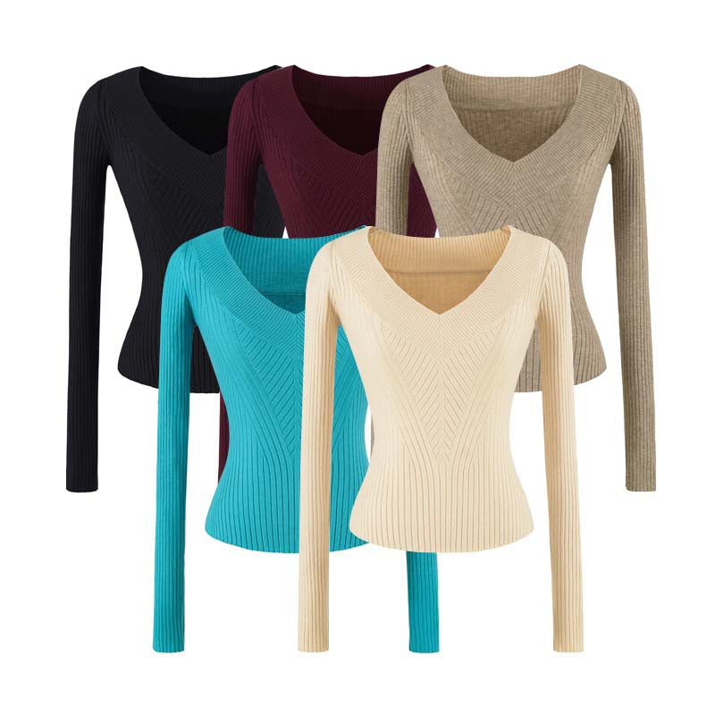 Women's Tailored Ribbed Knit Sweater with V-Neck and Shaping Structure Amarae