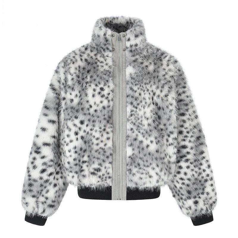 Women's Cropped Faux Fur Bomber Jacket with High Stand-Up Collar, Polka Dot Leopard Pattern, and Ribbed Hem Amarae