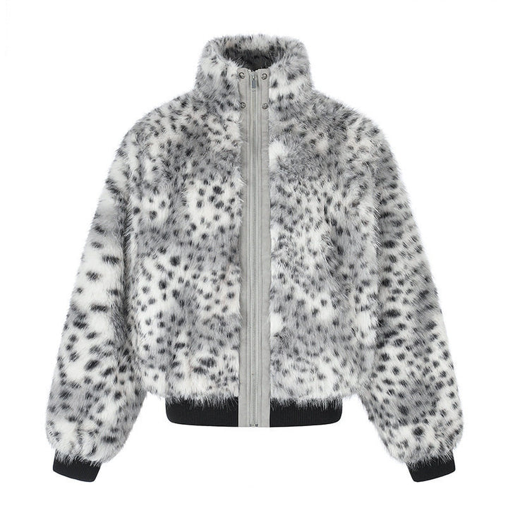 Women's Cropped Faux Fur Bomber Jacket with High Stand-Up Collar, Polka Dot Leopard Pattern, and Ribbed Hem Amarae