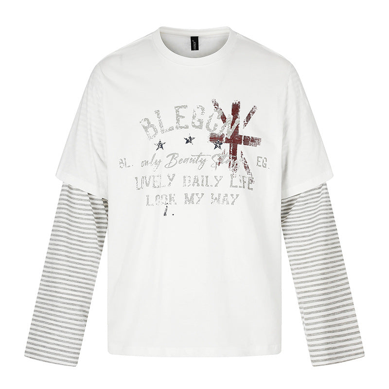 Women's Layered Long Sleeve Shirt with Striped Insert Sleeves and Vintage Print Amarae