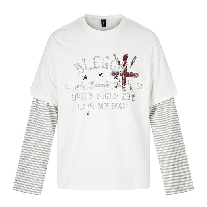 Women's Layered Long Sleeve Shirt with Striped Insert Sleeves and Vintage Print Amarae