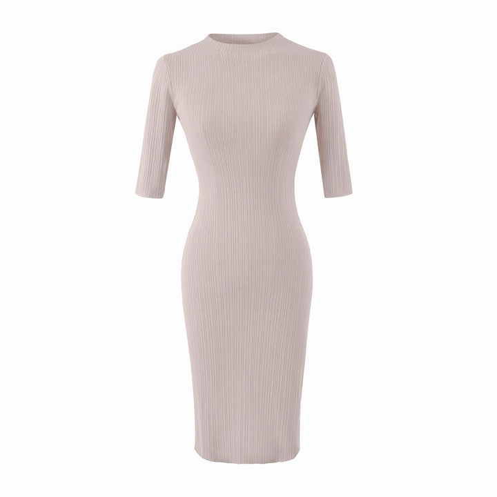 Women's fitted ribbed midi dress with half sleeves and stand-up collar Amarae