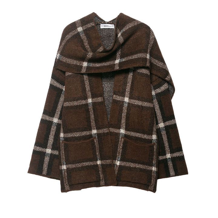 Women Oversized Cape Cardigan with Hood, Patch Pockets and Check Pattern Amarae