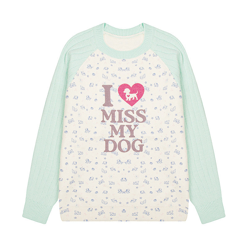 Women's knit sweater with raglan sleeves, allover dog motif and statement print Amarae