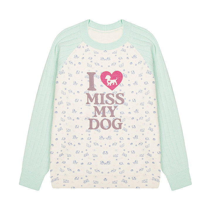 Women's knit sweater with raglan sleeves, allover dog motif and statement print Amarae