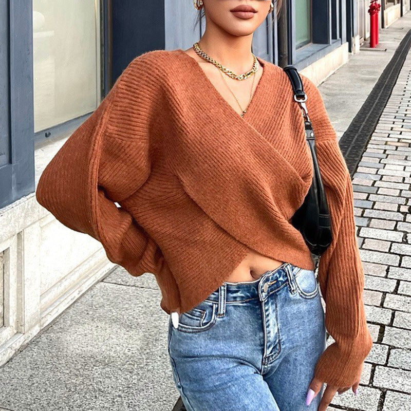 Ladies cozy wrap sweater with deep V-neck and wide sleeves Lune London