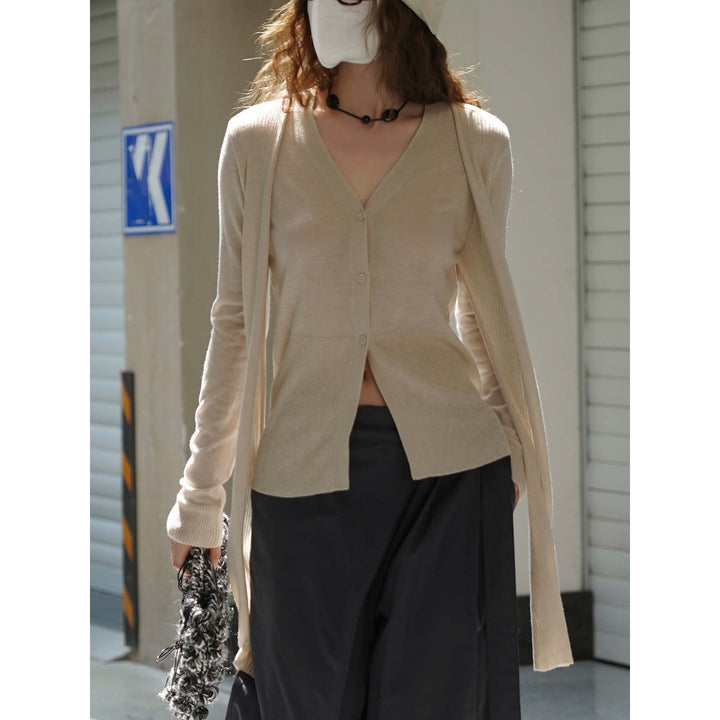 Ladies Fine V-Neck Cardigan with Long Shawl Edges and Ribbed Hem Amarae