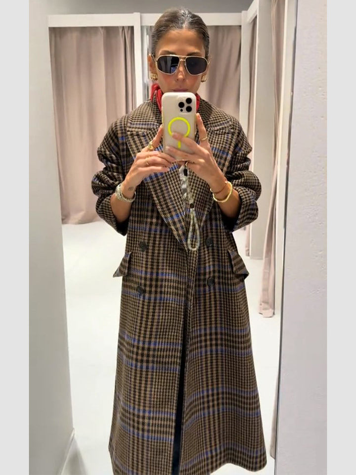 Women Maxilength Oversized Double-Breasted Coat with Emphasized Shoulder and Flap Pockets Amarae