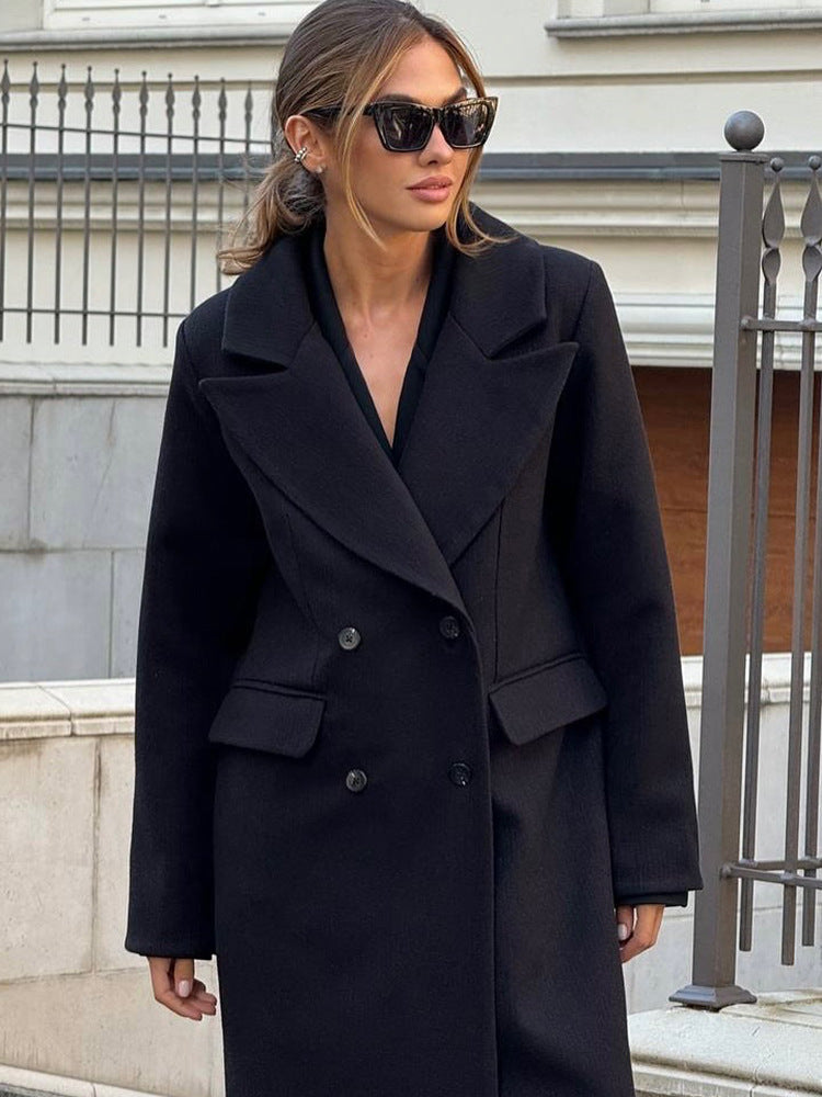 Women's Mid-length Double-breasted Wool Blend Coat with Distinctive Lapels and Tailored Fit Amarae