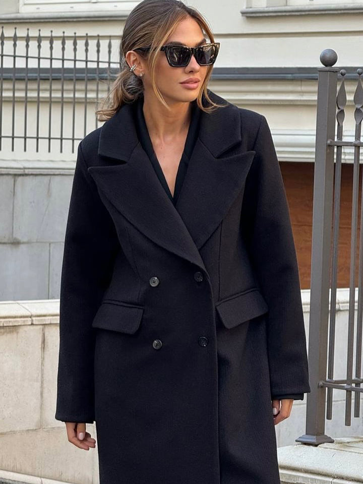 Women's Mid-length Double-breasted Wool Blend Coat with Distinctive Lapels and Tailored Fit Amarae
