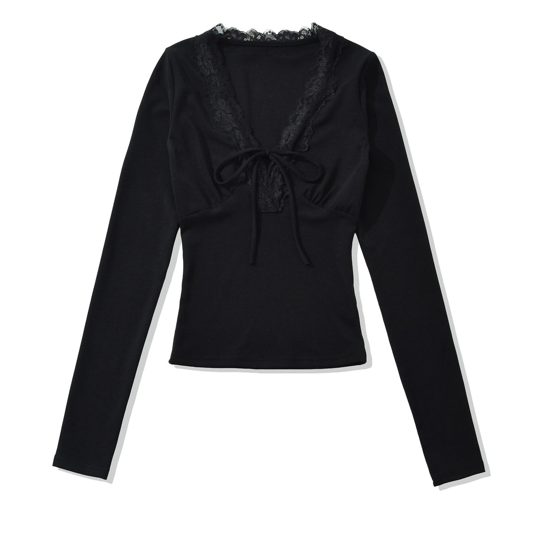 Women's Long Sleeve Shirt with Lace V-Neck and Tie Band Amarae