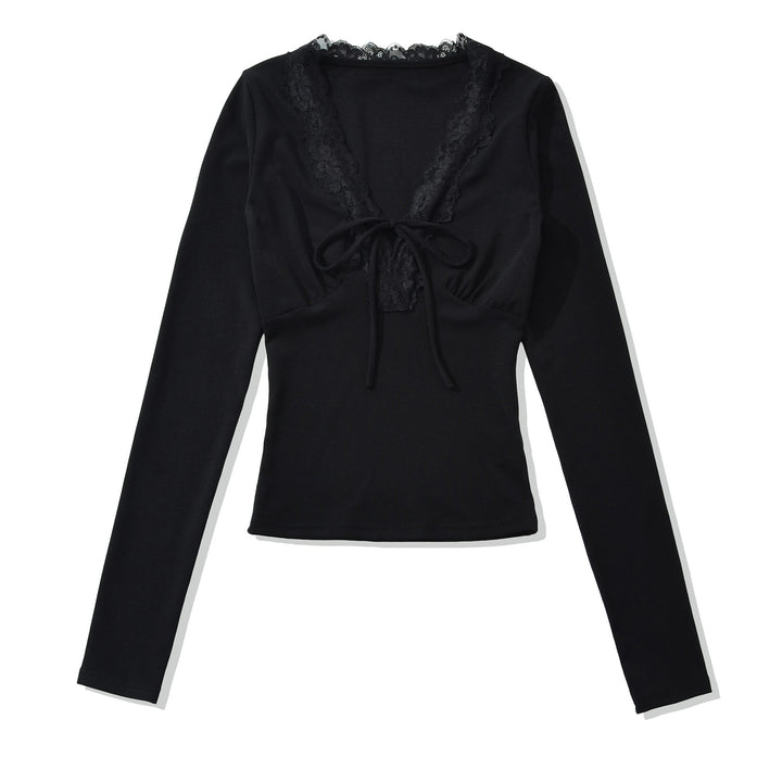 Women's Long Sleeve Shirt with Lace V-Neck and Tie Band Amarae