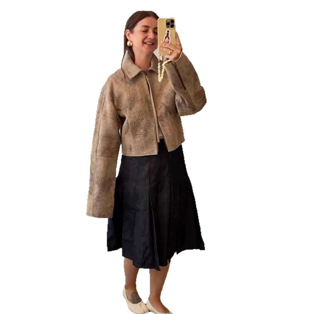 Women's short cut suede jacket in used look with extra long sleeves and two-way zipper Amarae