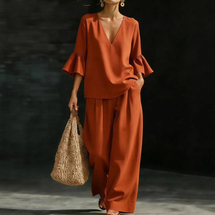 Women's Two-Piece V-Neck Tunic Set with Ruffle Sleeves and Wide High-Waisted Palazzo Pants Amarae