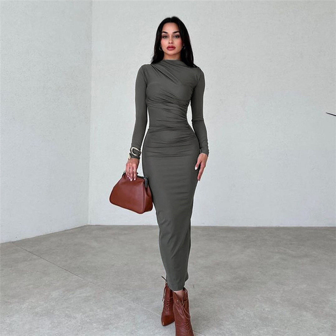 Ladies fitted maxi dress with high collar and side gathering Amarae