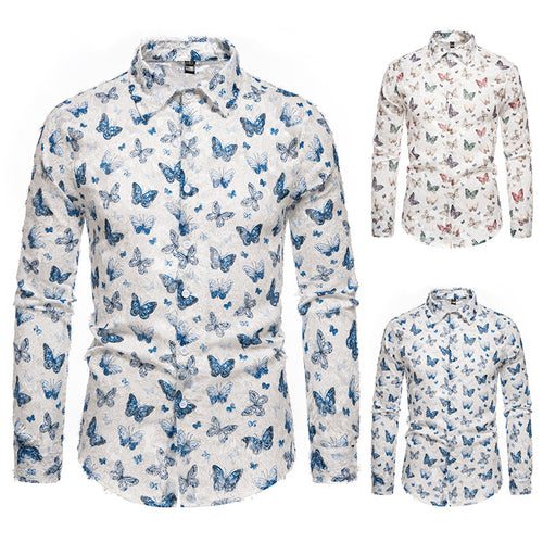 Men's Long Sleeve Shirt with an Eye-catching Butterfly Pattern and High-Quality Cotton Fabric Amarae