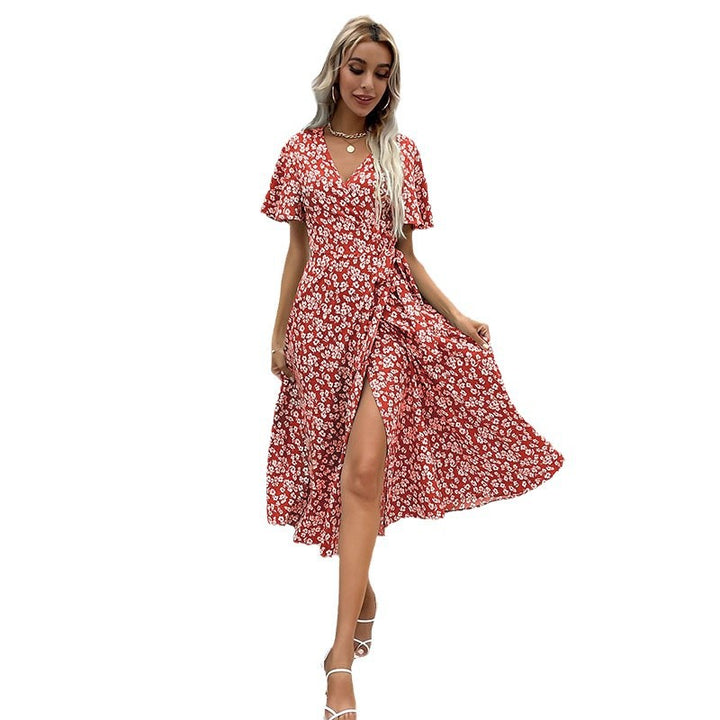 Floral print wrap dress for women with high slit Lune London