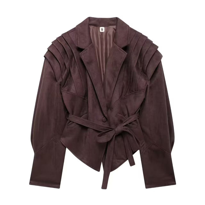 Ladies elegant faux leather jacket with innovative belt Lune London