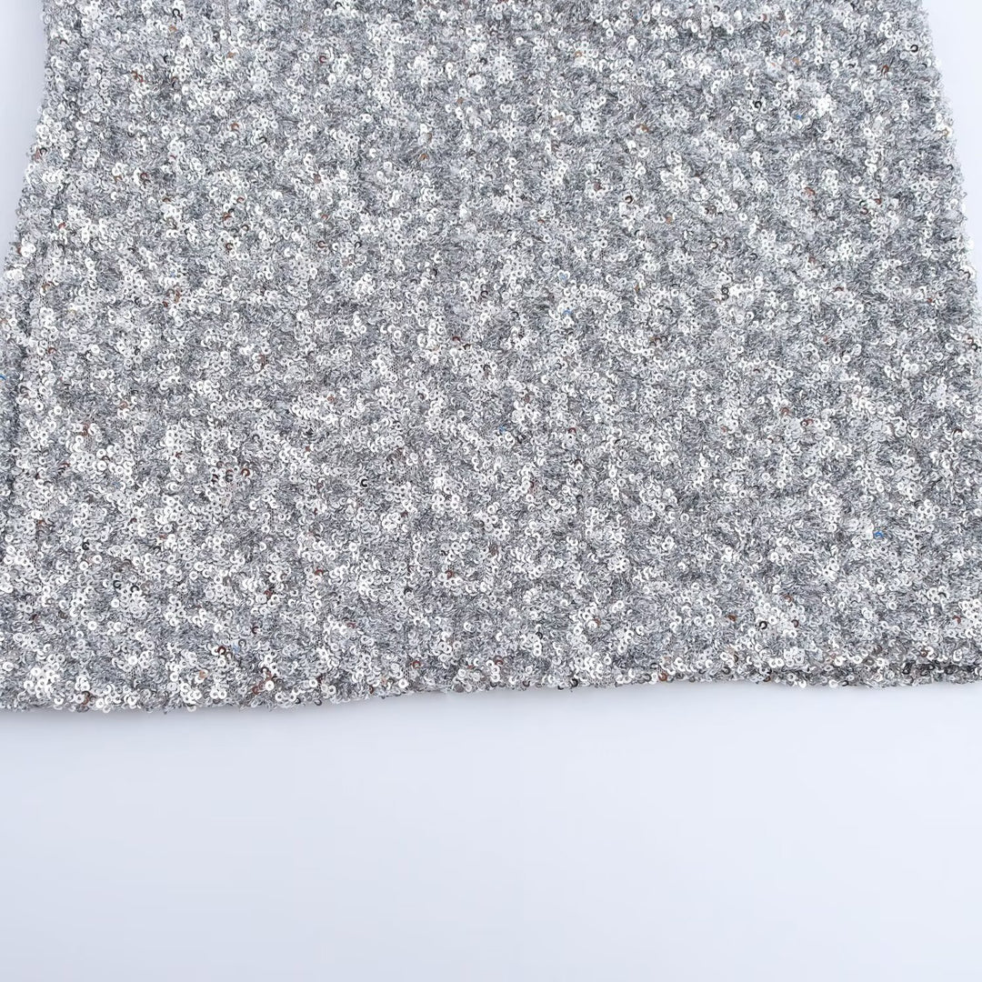 Women's Sequin Mini Dress with Long Sleeves and Boat Neck