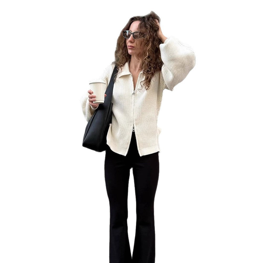 Women Ribbed Cardigan with Zipper, Shirt Collar & Balloon Sleeves Amarae