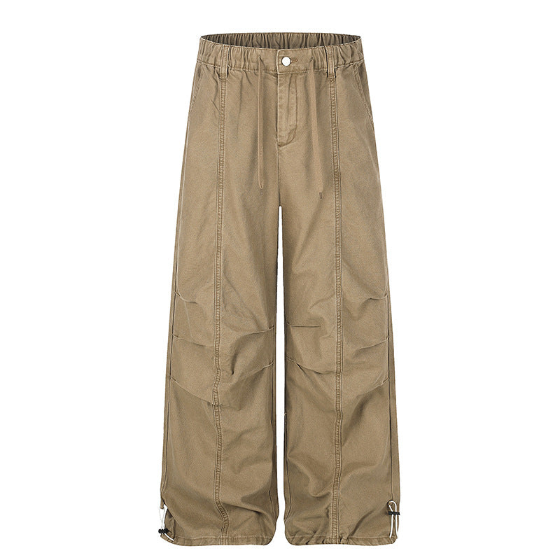 Women's Wide Canvas Cargo Palazzo Pants with Elastic Comfort Waistband and Adjustable Hem
