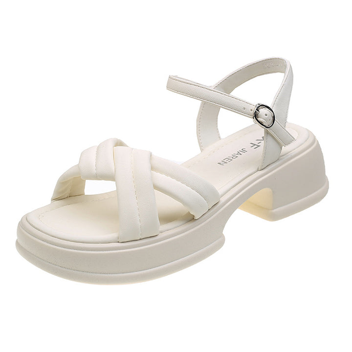Women's sandals with stylish crossed straps and a comfortable block heel Lune London