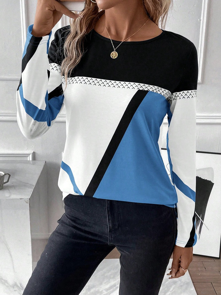 Women's Long Sleeve Shirt with Graphic Colorblock Design and Round Neck Amarae