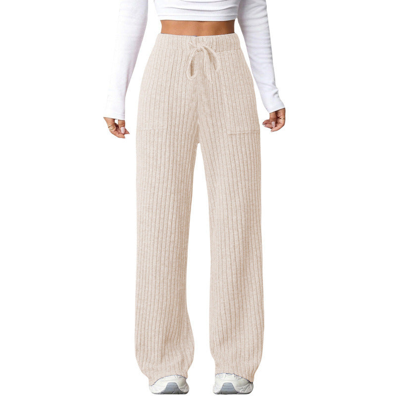 Ladies Wide Ribbed Lounge Pants with Drawstring and Patch Pockets Amarae
