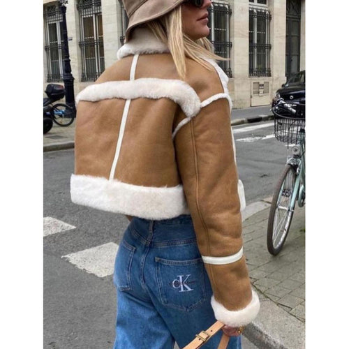 Short leather jacket for women with faux fur trim Amarae