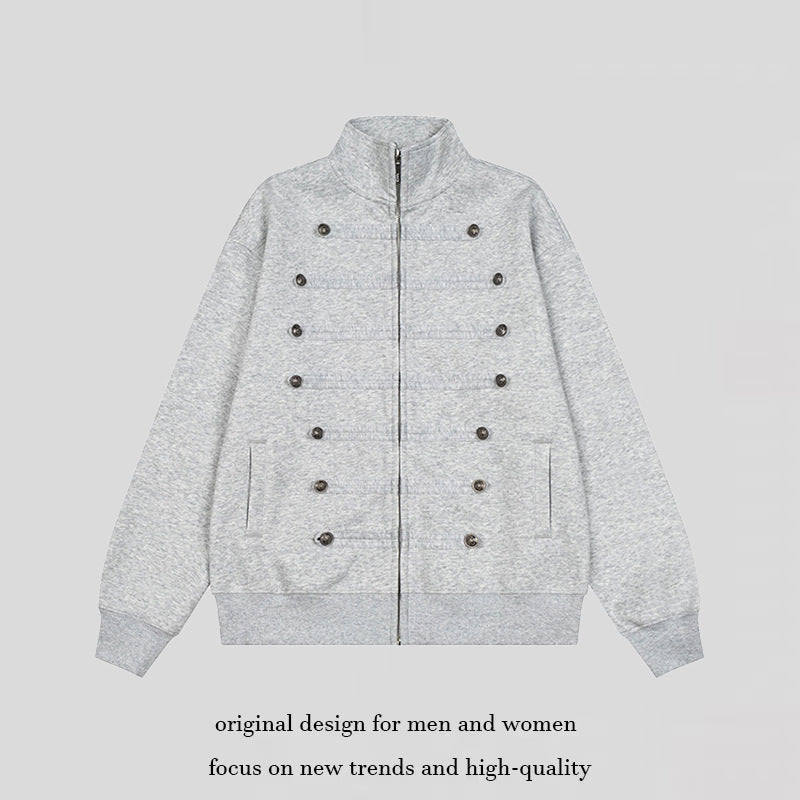 Men's Military-Inspired Sweat Jacket with Stand-Up Collar and Decorative Button Plackets Amarae