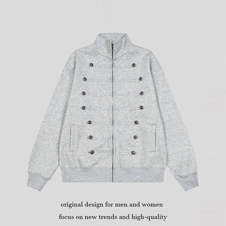 Men's Military-Inspired Sweat Jacket with Stand-Up Collar and Decorative Button Plackets Amarae