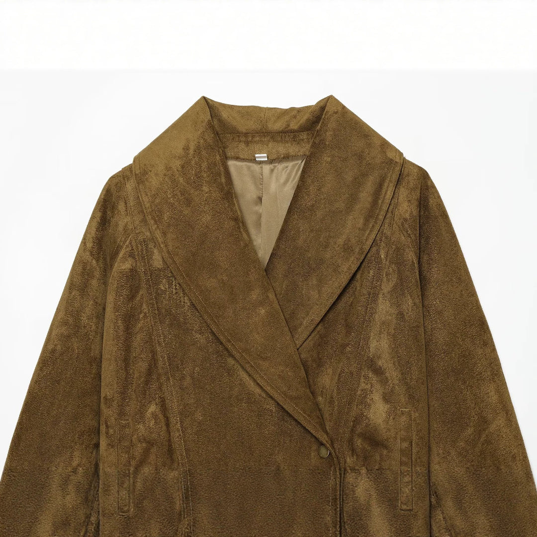 Women's Tailored Velvet Look Wrap Coat with Shawl Collar and Tied Belt Amarae