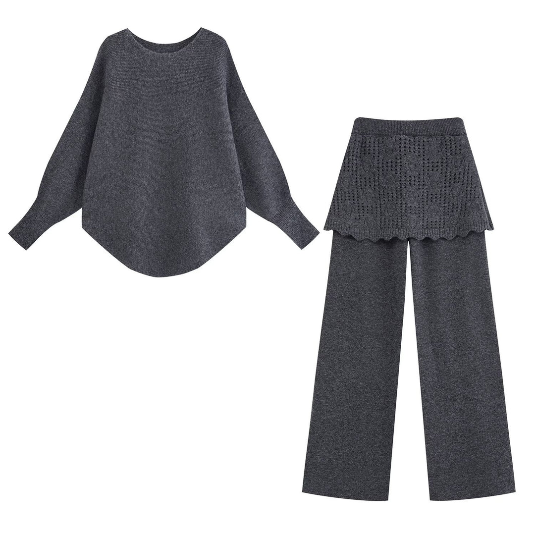 Ladies Two-Piece Knit Set with Oversized Sweater, Lace Pattern Mini Skirt and Wide Palazzo Pants Amarae