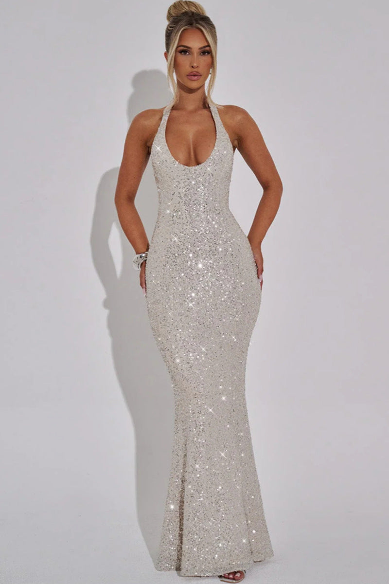 Women's Glamorous Sequin Maxi Dress with Deep V-Neck and Slim Fit Lune London