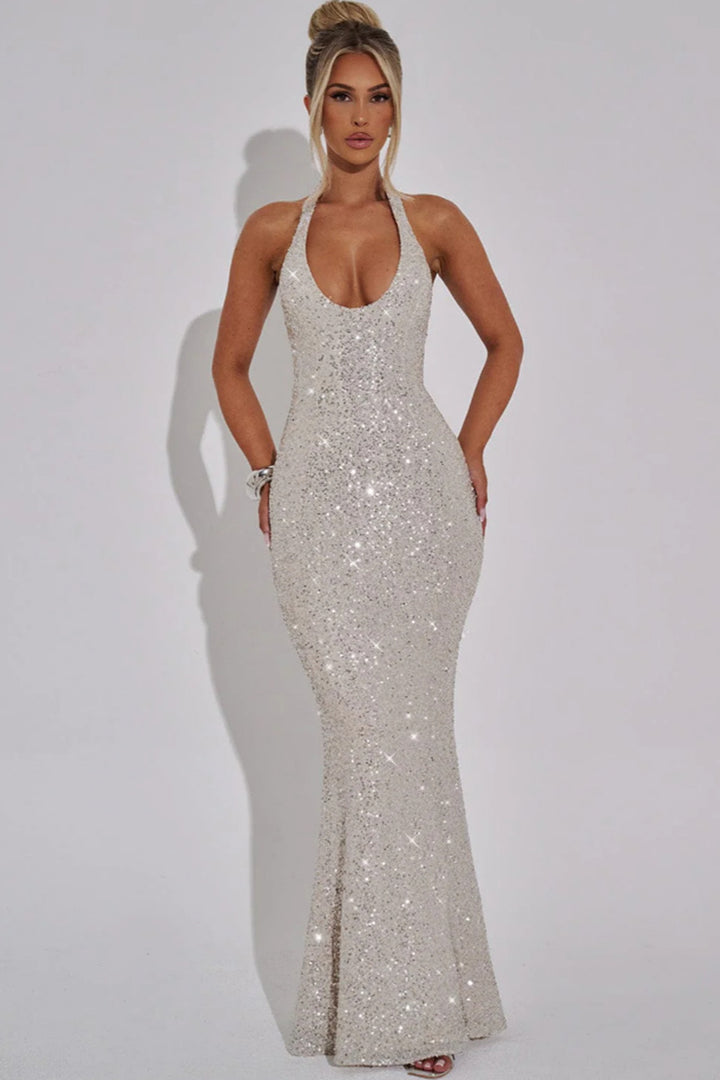 Women's Glamorous Sequin Maxi Dress with Deep V-Neck and Slim Fit
