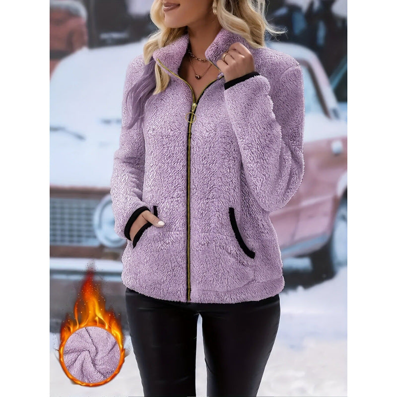 Women's thermal sherpa fleece jacket with stand-up collar, contrast edges and ring zipper Amarae