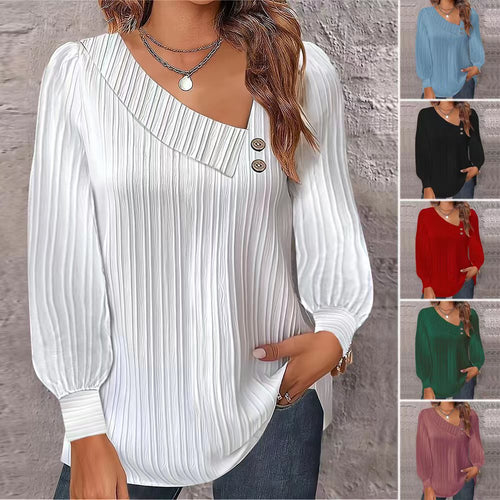 Ladies long sleeve trendy T-shirt with pleated texture and decorative buttons Amarae