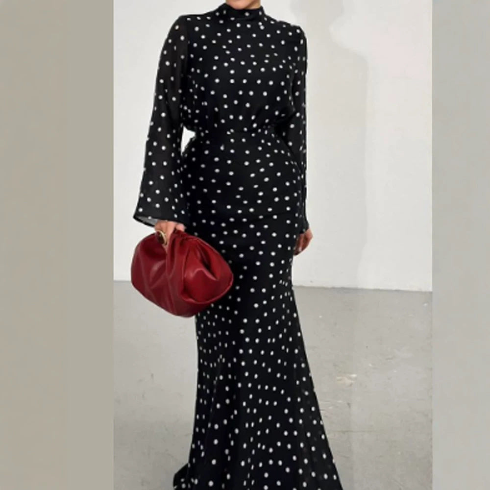 Women's maxi dress with waist-accentuating mermaid silhouette and polka dot print Amarae
