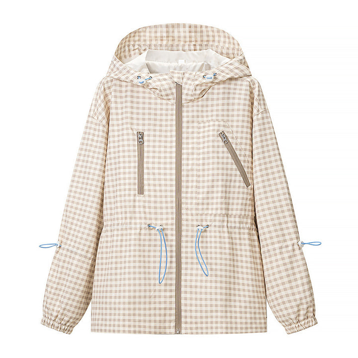 Women's Lightweight Checkered Hooded Jacket with Drawstring and Zipper Pockets Amarae