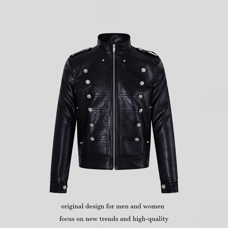 Men's military-inspired faux leather jacket with stand-up collar, decorative button row and shoulder pads Amarae