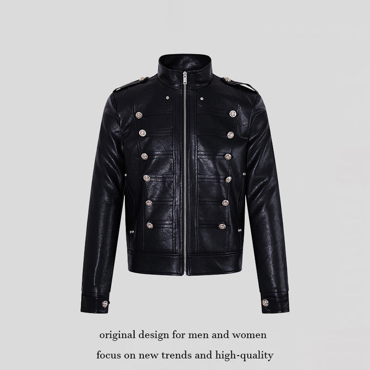 Men's military-inspired faux leather jacket with stand-up collar, decorative button row and shoulder pads Amarae