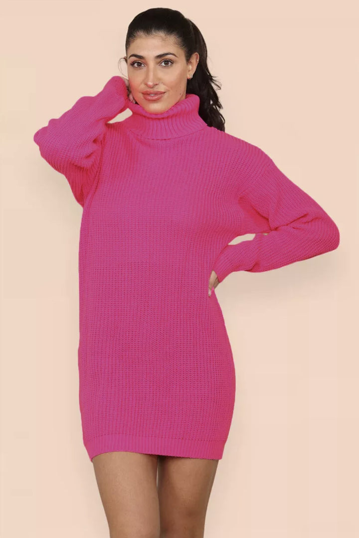 Oversized knit dress for women with a high collar and decorative ribbing design Lune London