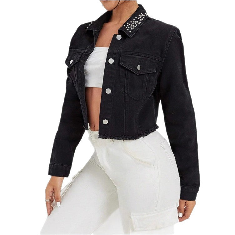 Women's Cropped Denim Jacket with Studded Collar, Frayed Hem and Flap Pockets Amarae