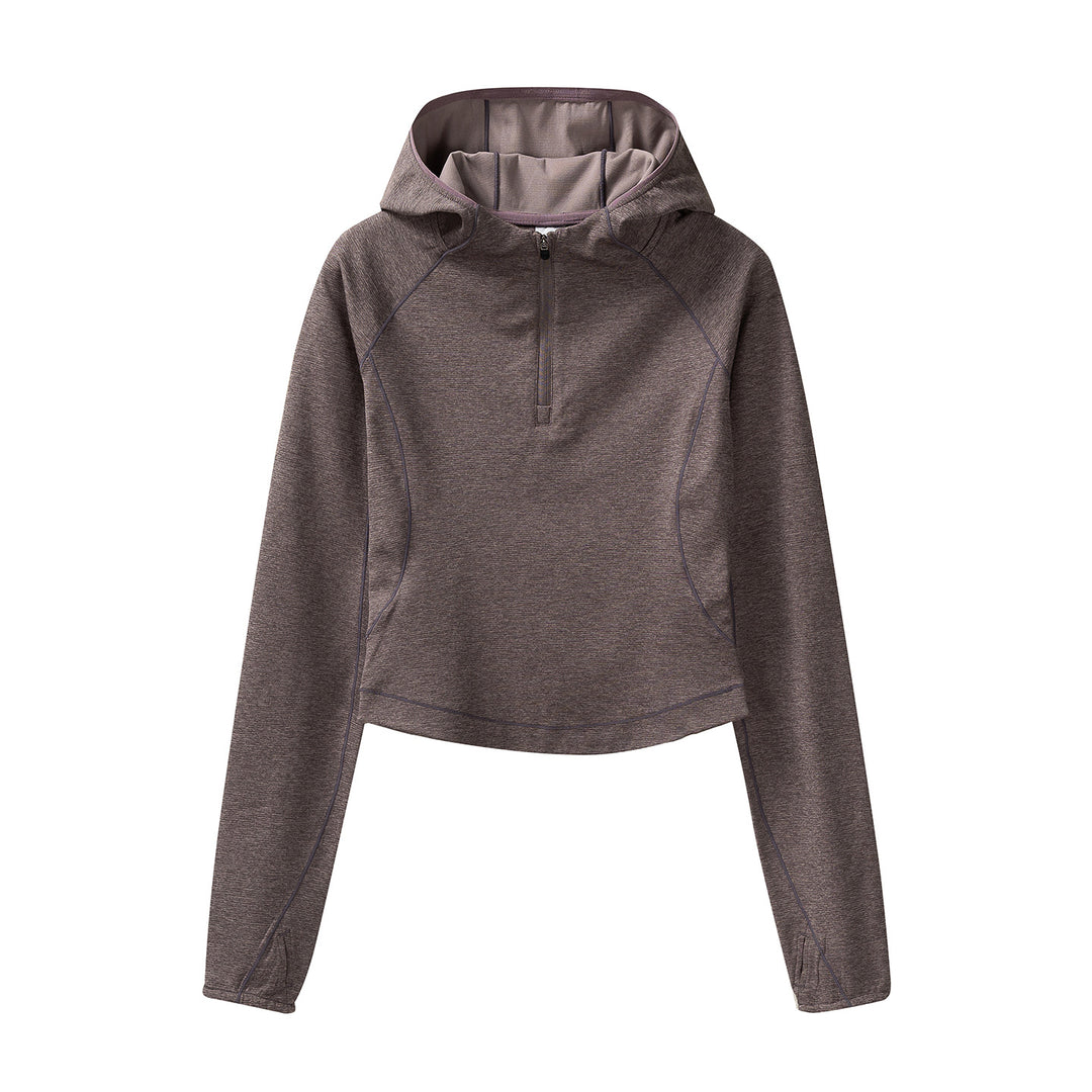 Women's Cropped Technical Hoodie with Half Zip, Hood and Thumb Holes Amarae
