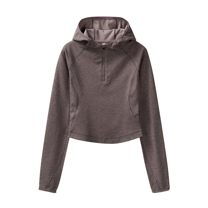 Women's Cropped Technical Hoodie with Half Zip, Hood and Thumb Holes Amarae