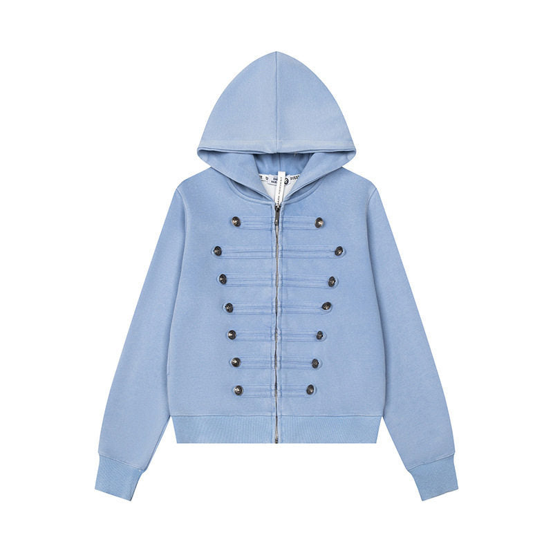 Women’s Hooded Sweat Jacket with Military Button Decoration and Full-Length Zipper Amarae