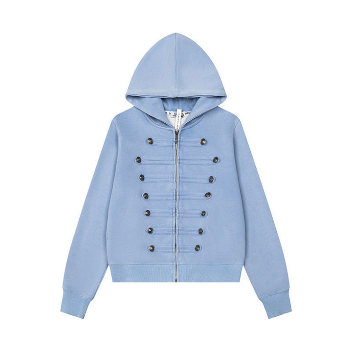 Women’s Hooded Sweat Jacket with Military Button Decoration and Full-Length Zipper Amarae